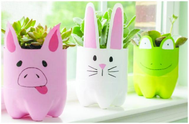 Recycle your old bottles into piggy banks or planters