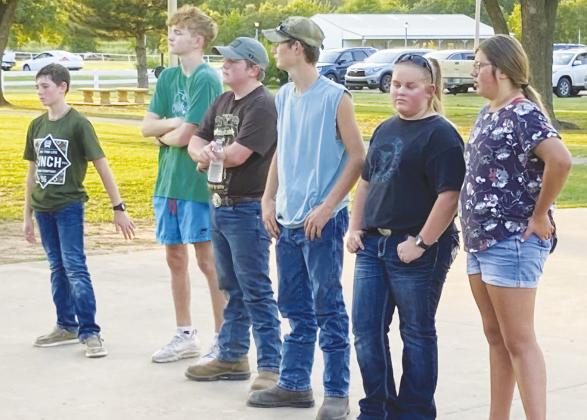 Noble County Teen Council candidates waiting to give their introduction speech. Pictured from left, Azlend Johnson, Perry 4-H; Steven Koehn, Frontier 4-H; Logan Butler, Frontier 4-H; Dominick Newman, Frontier 4-H; Rebecca Taylor, Morrison 4-H; and Kaydence Unruh, Perry 4-H.