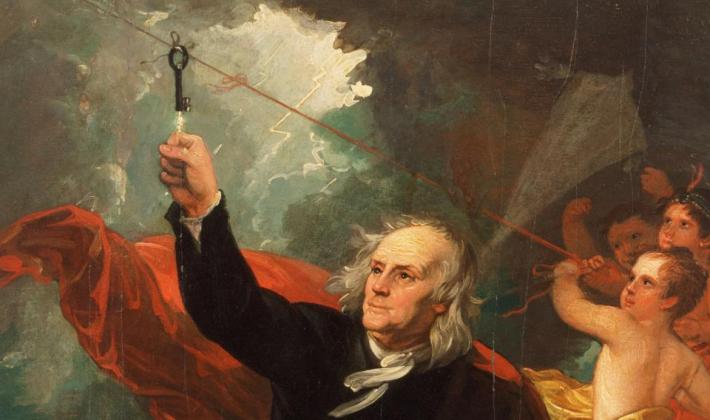  Benjamin Franklin flies a kite during a thunderstorm