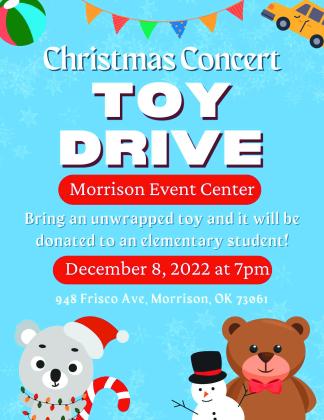 Morrison Public Schools is hosting a Christmas Concert Toy Drive at the Morrison Event Center. Those wishing to participate are asked to bring an unwrapped toy and it will be donated to an elementary student. This event will take place on Dec. 8 starting at 7 p.m. The Morrison Event Center is located at 948 Frisco Avenue, in Morrison.