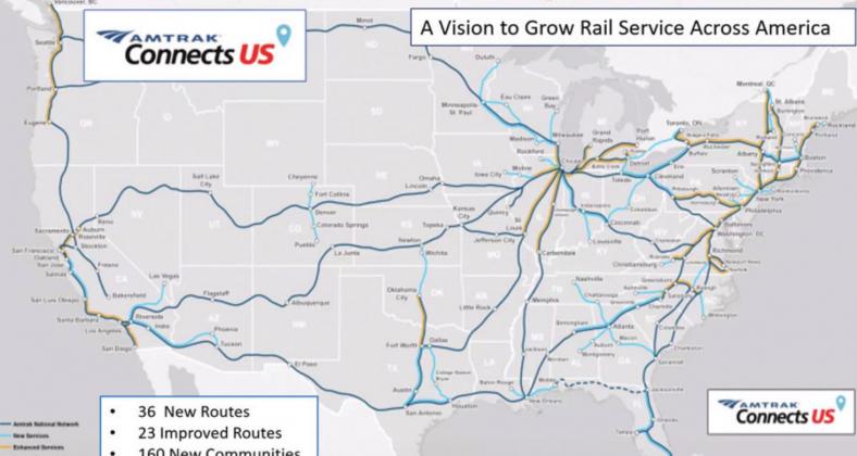 New lines and improved routes that would add connections to 160 new communities are pictured above. Blue lines indicate new services and yellow indicates planned enhanced services