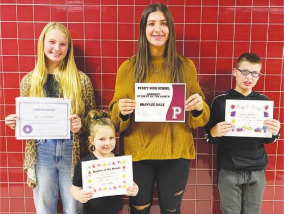Pictured above are Perry Public Schools January Students of the Month, from left, are Bella Porter, Jaycee Trainer, Brailey Dale, and Joshua Battles.