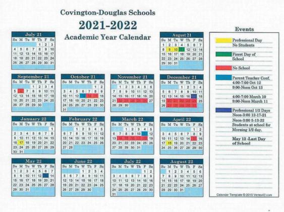 Covington-Douglas Public Schools 2021-22 Calendar.