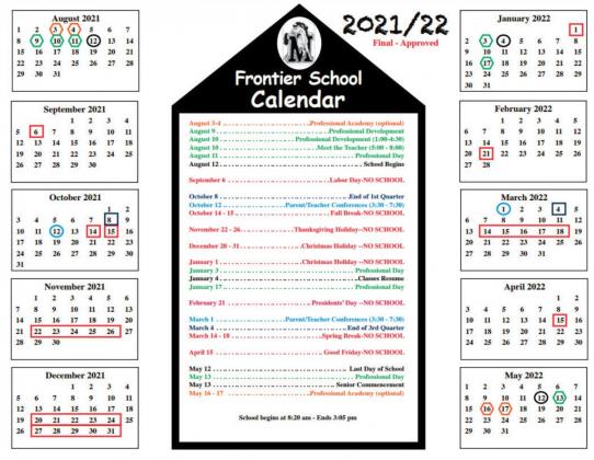 Frontier Public Schools 2021-22 Calendar.