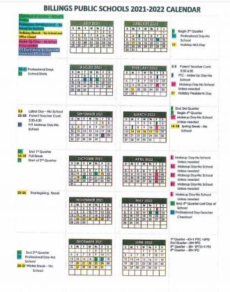 Billings Public Schools 2021-22 Calendar.